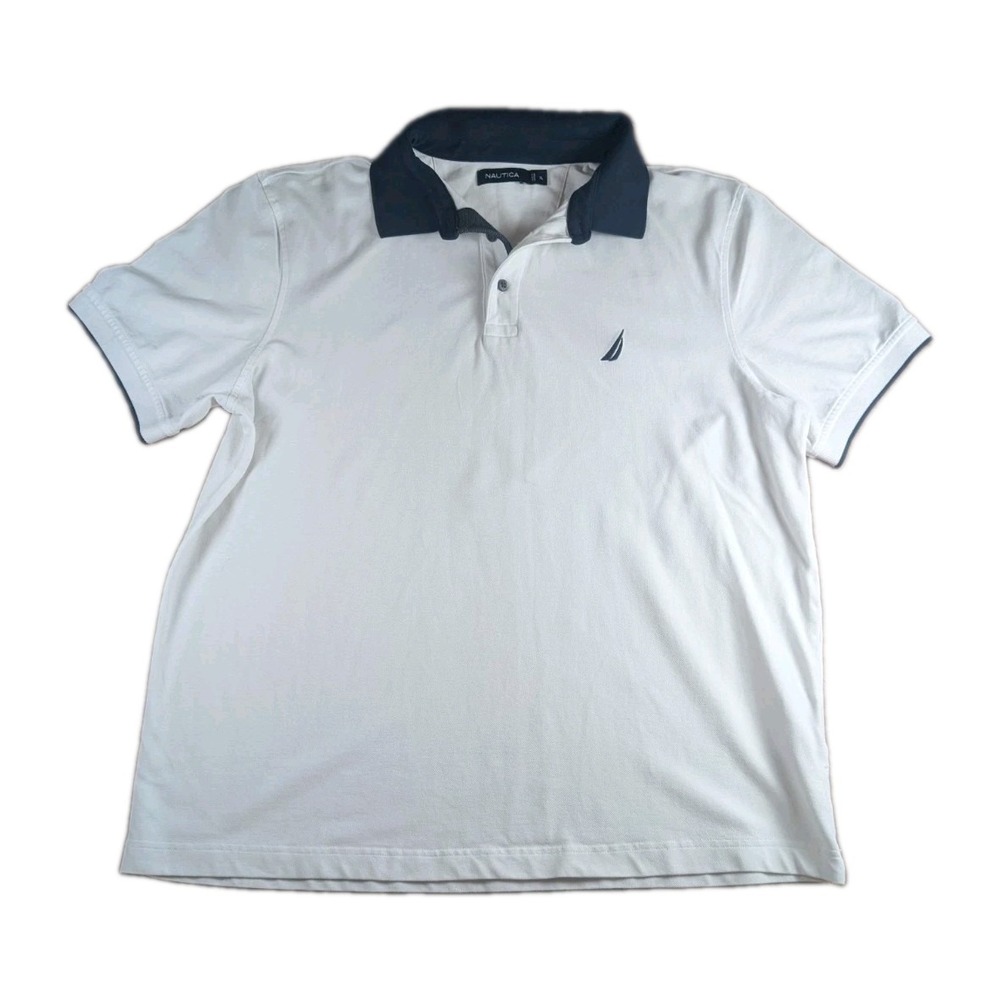 Nautica Men's White Polo Shirt Navy Trim Short Sleeve Cotton Blend Size XL